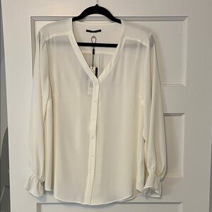 Lightweight White V-Neck Button-Front Blouse - Women